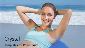  Presentation with beach ball - Beautiful presentation design featuring fit woman lying on exercise ball at the beach doing sit ups on a sunny day backdrop and a light blue colored foreground