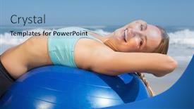  Presentation with beach ball - Cool new PPT layouts with fit woman lying on exercise ball at the beach stretching on a sunny day backdrop and a light blue colored foreground