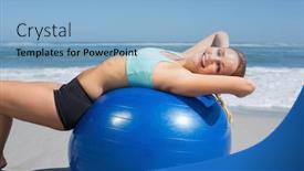  Presentation with beach ball - Colorful presentation theme enhanced with fit woman lying on exercise ball at the beach stretching on a sunny day backdrop and a light blue colored foreground