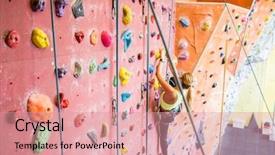  Presentation with indoor rock climbing - PPT theme with fit woman rock climbing indoors background and a  colored foreground