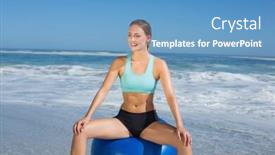  Presentation with beach ball - Presentation theme enhanced with fit woman sitting on exercise ball at the beach on a sunny day background and a teal colored foreground