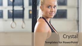  Presentation with healthy workplace full length side view - PPT theme having fit woman standing at healthclub background and a  colored foreground