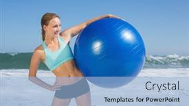  Presentation with beach ball - Colorful PPT theme enhanced with fit woman standing on the beach holding exercise ball on a sunny day backdrop and a light blue colored foreground