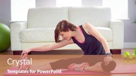  Presentation with exercise mat - Audience pleasing PPT theme consisting of fit woman stretching on exercise mat at home in the living-room backdrop and a coral colored foreground