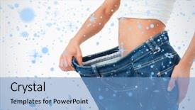  Presentation with falling snow - Presentation theme with fit woman wearing too large pants against snow falling background and a light blue colored foreground