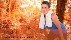  Presentation with tranquil - Colorful presentation design enhanced with fit woman with towel on shoulders against tranquil autumn scene in forest backdrop and a red colored foreground