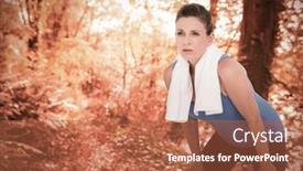  Presentation with tranquil - Theme enhanced with fit woman with towel on shoulders against tranquil autumn scene in forest background and a red colored foreground