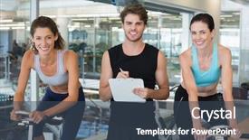  Presentation with trainer - Beautiful theme featuring fit women in a spin class with trainer smiling at camera at the gym backdrop and a ocean colored foreground