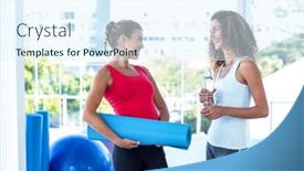  Presentation with exercise mat - Slides consisting of fit women looking at each other while holding exercise mat and water bottle in fitness studio background and a sky blue colored foreground