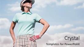  Presentation with golf player playing - Presentation having fitnes - woman playing golf against cloudy background and a  colored foreground