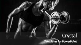  Presentation with fitness - PPT theme with fitness - brutal athletic woman pumping up background and a dark gray colored foreground