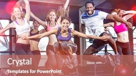  Presentation with group fitness - Slides featuring fitness - fit group smiling and jumping background and a coral colored foreground