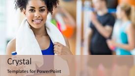  Presentation with gym - Colorful theme enhanced with fitness - fit woman smiling at camera backdrop and a coral colored foreground