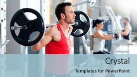  Presentation with group fitness - PPT theme consisting of fitness - group with dumbbell weight training background and a light blue colored foreground