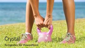  Presentation with kids jumping and lifting hand - Amazing presentation theme having fitness - kettlebell woman cross training backdrop and a yellow colored foreground