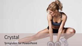 Presentation with stretching - Colorful presentation design enhanced with fitness - smiling athletic woman pumping up backdrop and a mint green colored foreground