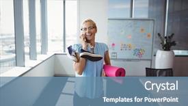  Presentation with exercise mat - Amazing PPT theme having fitness - smiling executive talking on mobile backdrop and a teal colored foreground