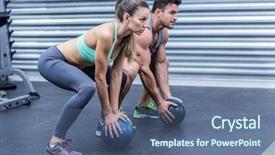  Presentation with exercise - PPT theme having fitness - squatting muscular couple doing ball background and a ocean colored foreground