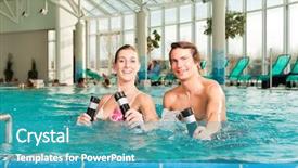  Presentation with water sports - Theme consisting of fitness - a young couple - man and woman - doing sports and gymnastics or water aerobics under water in swimming pool or spa with dumbbells background and a teal colored foreground