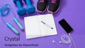  Presentation with accessories - Presentation theme enhanced with fitness accessories with opened book background and a light blue colored foreground