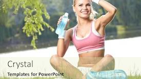  Presentation with water sports - Colorful PPT theme enhanced with fitness and lifestyle concept - woman drinking water after doing sports outdoors backdrop and a soft green colored foreground