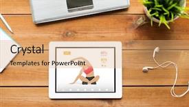  Presentation with application - PPT layouts having wooden table with sport background and a coral colored foreground