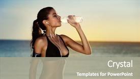  Presentation with summer drinking water - Slide deck having fitness beautiful woman drinking water sweating exercising summer hot day beach female athlete workout background and a gray colored foreground