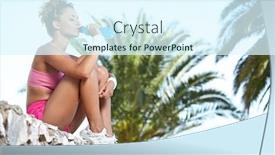  Presentation with drinking water - Slide deck featuring fitness brunette drinking water and cooling off after running at the tropical beach background and a sky blue colored foreground