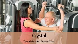  Presentation with exercise trainer - Theme enhanced with fitness center personal trainer assist man exercise shoulder on machine background and a coral colored foreground