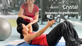  Presentation with exercise trainer - Audience pleasing theme consisting of fitness center personal trainer show abdominal exercise on mat backdrop and a gray colored foreground