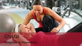  Presentation with exercise trainer - Slide set featuring fitness center senior woman exercise background and a crimson colored foreground