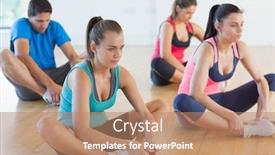  Presentation with exercise class - Colorful presentation theme enhanced with fitness class and instructor doing the butterfly stretch in bright exercise room backdrop and a coral colored foreground