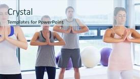  Presentation with exercise class - Audience pleasing PPT theme consisting of fitness class and instructor standing in namaste position at exercise studio backdrop and a sky blue colored foreground