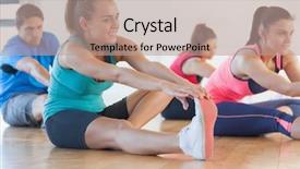  Presentation with exercise class - Slide set with fitness class and instructor stretching background and a  colored foreground