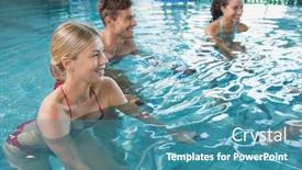  Presentation with aerobics - Presentation enhanced with fitness class doing aqua aerobics on exercise bikes in swimming pool at the leisure centre background and a teal colored foreground
