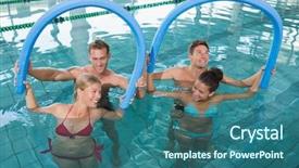  Presentation with aerobics - Cool new theme with fitness class doing aqua aerobics with foam rollers in swimming pool at the leisure centre backdrop and a ocean colored foreground