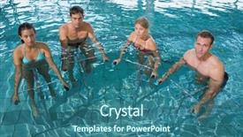  Presentation with aerobics - Slide deck featuring fitness class doing aqua aerobics on exercise bikes in swimming pool at the leisure centre background and a ocean colored foreground