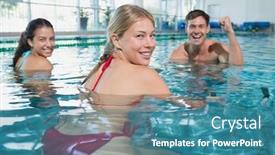  Presentation with aerobics - Colorful theme enhanced with fitness class doing aqua aerobics on exercise bikes in swimming pool at the leisure centre backdrop and a teal colored foreground