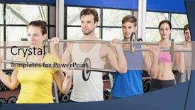  Presentation with barbell - Audience pleasing PPT layouts consisting of fitness class lifting barbell in gym backdrop and a soft green colored foreground