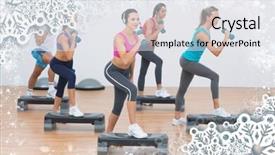  Presentation with aerobics - Slides with fitness class performing step aerobics exercise with dumbbells against snow background and a sky blue colored foreground