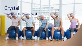  Presentation with exercise class - Slide set consisting of fitness class sitting on exercise balls and stretching neck in a bright gym background and a sky blue colored foreground