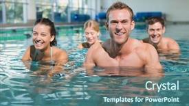  Presentation with exercise class - Cool new presentation with fitness class using underwater exercise bikes in swimming pool at the leisure centre backdrop and a ocean colored foreground