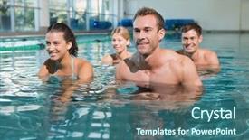  Presentation with exercise class - Slides with fitness class using underwater exercise bikes in swimming pool at the leisure centre background and a ocean colored foreground