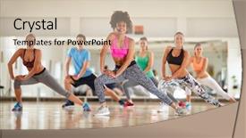 Presentation with exercises - Cool new PPT theme with fitness classes - warming up exercises with female backdrop and a soft green colored foreground