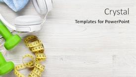  Presentation with tape measure - Slide deck featuring fitness concept background with dumbbells tape measure towel and headphones top view with space for your text background and a white colored foreground