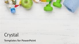  Presentation with tape measure - PPT theme consisting of fitness concept dumbbells tape measure background and a white colored foreground