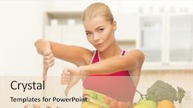  Presentation with health diet - Amazing presentation theme having fitness diet health and food concept - upset woman with healthy food showing thumbs down to cake backdrop and a lemonade colored foreground