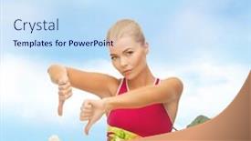 Presentation with health diet - Cool new presentation design with fitness diet health and food concept - upset woman with healthy food showing thumbs down to cake backdrop and a sky blue colored foreground
