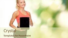 Presentation with black technology - PPT theme enhanced with fitness dieting technology and sport concept - smiling sporty woman showing tablet pc blank black screen background and a soft green colored foreground