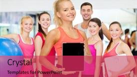  Presentation with black technology - PPT layouts featuring fitness dieting technology and sport concept - smiling sporty woman showing tablet pc blank black screen background and a red colored foreground